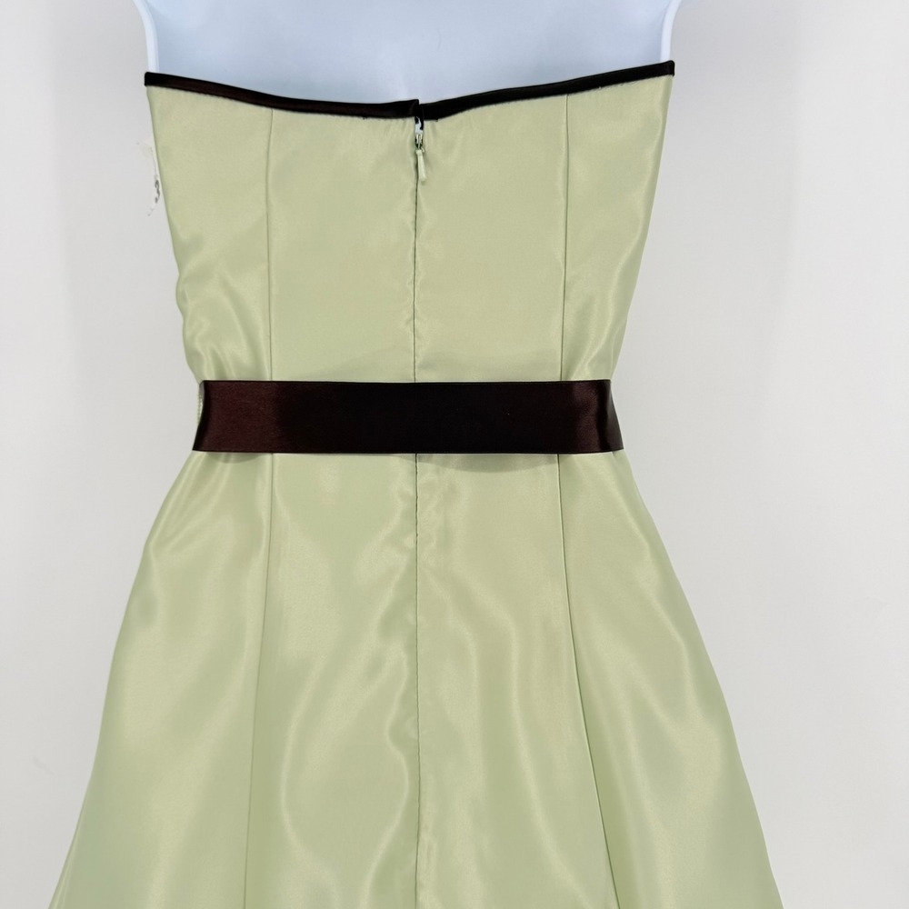 Jessica McClintock Gunne Sax Sage Green Satin Strapless Dress Brown Sash 3 Y2K - Picture 11 of 13